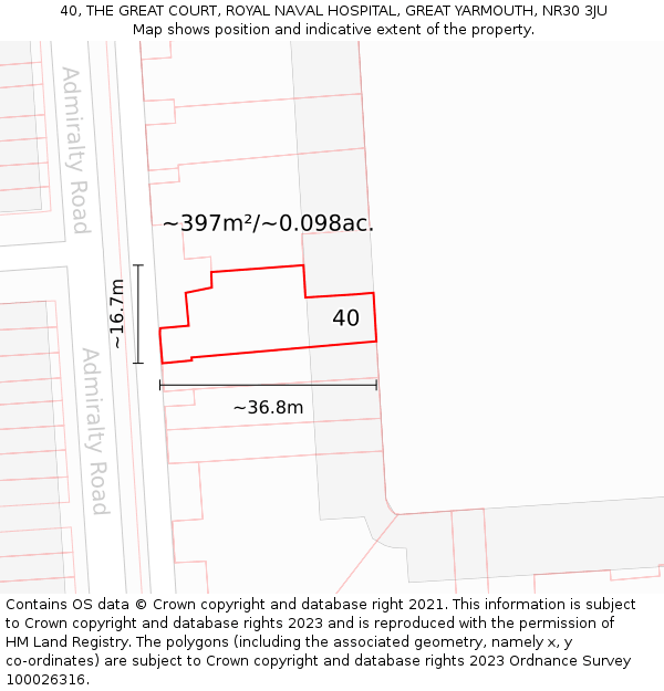 40, THE GREAT COURT, ROYAL NAVAL HOSPITAL, GREAT YARMOUTH, NR30 3JU: Plot and title map