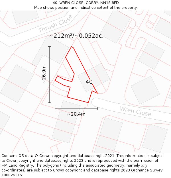 40, WREN CLOSE, CORBY, NN18 8FD: Plot and title map