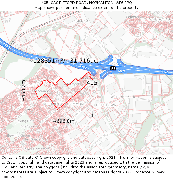405, CASTLEFORD ROAD, NORMANTON, WF6 1RQ: Plot and title map