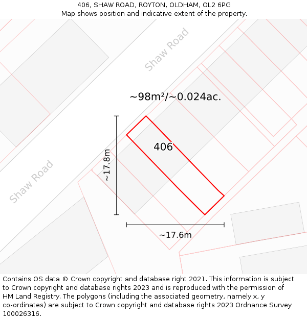 406, SHAW ROAD, ROYTON, OLDHAM, OL2 6PG: Plot and title map