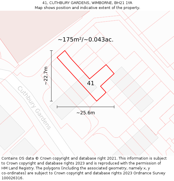 41, CUTHBURY GARDENS, WIMBORNE, BH21 1YA: Plot and title map