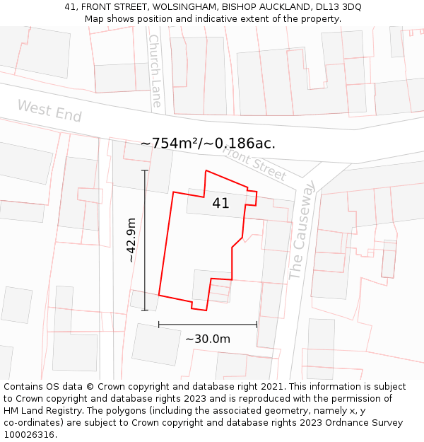 41, FRONT STREET, WOLSINGHAM, BISHOP AUCKLAND, DL13 3DQ: Plot and title map