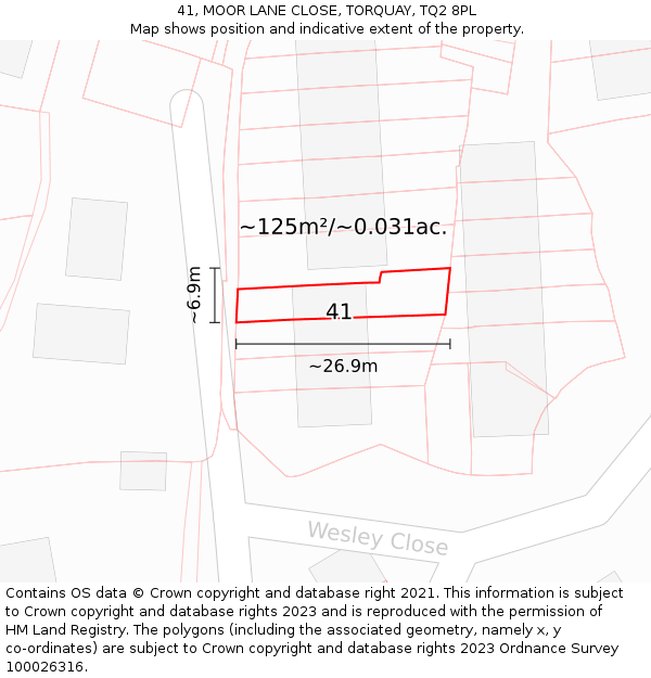 41, MOOR LANE CLOSE, TORQUAY, TQ2 8PL: Plot and title map