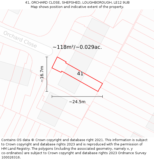 41, ORCHARD CLOSE, SHEPSHED, LOUGHBOROUGH, LE12 9UB: Plot and title map