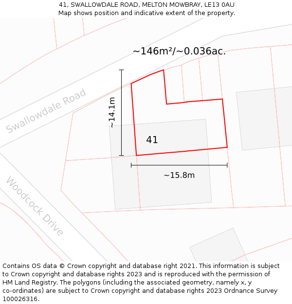 41, SWALLOWDALE ROAD, MELTON MOWBRAY, LE13 0AU: Plot and title map