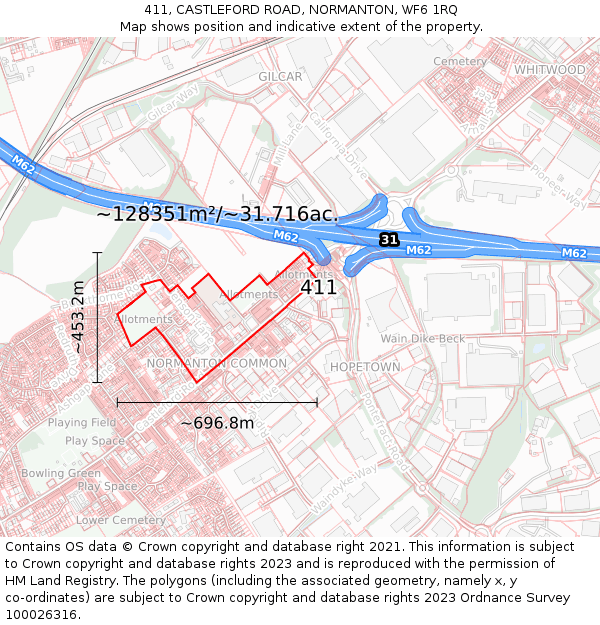 411, CASTLEFORD ROAD, NORMANTON, WF6 1RQ: Plot and title map