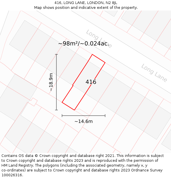416, LONG LANE, LONDON, N2 8JL: Plot and title map