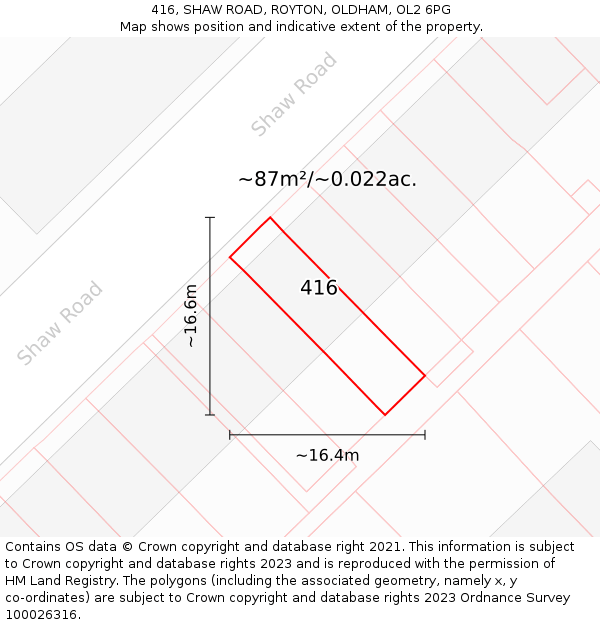 416, SHAW ROAD, ROYTON, OLDHAM, OL2 6PG: Plot and title map