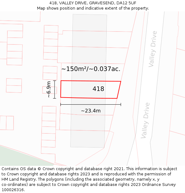 418, VALLEY DRIVE, GRAVESEND, DA12 5UF: Plot and title map