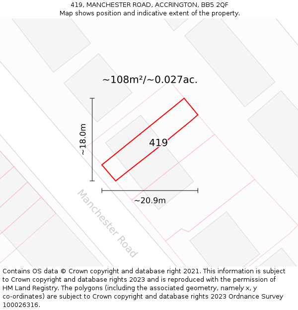 419, MANCHESTER ROAD, ACCRINGTON, BB5 2QF: Plot and title map