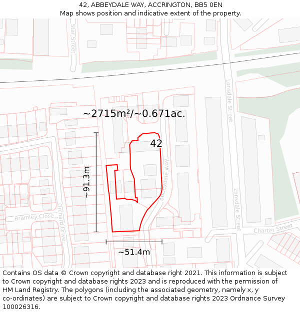 42, ABBEYDALE WAY, ACCRINGTON, BB5 0EN: Plot and title map