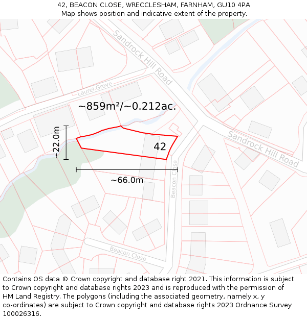 42, BEACON CLOSE, WRECCLESHAM, FARNHAM, GU10 4PA: Plot and title map