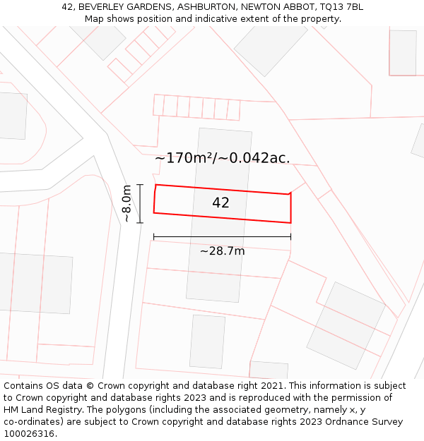 42, BEVERLEY GARDENS, ASHBURTON, NEWTON ABBOT, TQ13 7BL: Plot and title map