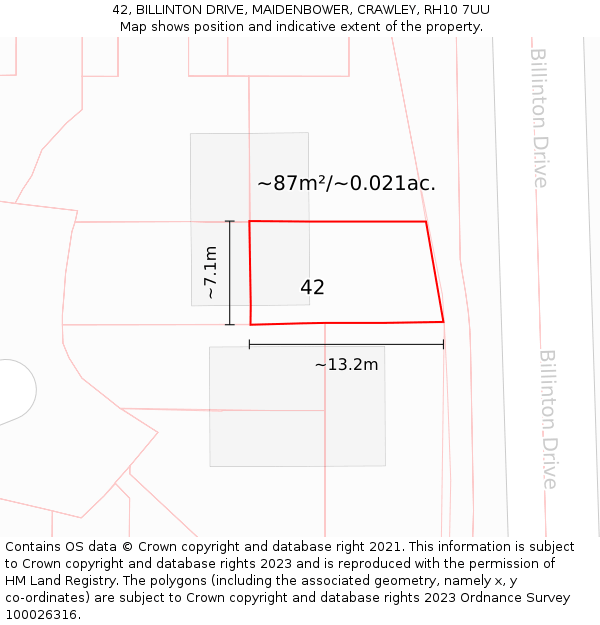42, BILLINTON DRIVE, MAIDENBOWER, CRAWLEY, RH10 7UU: Plot and title map