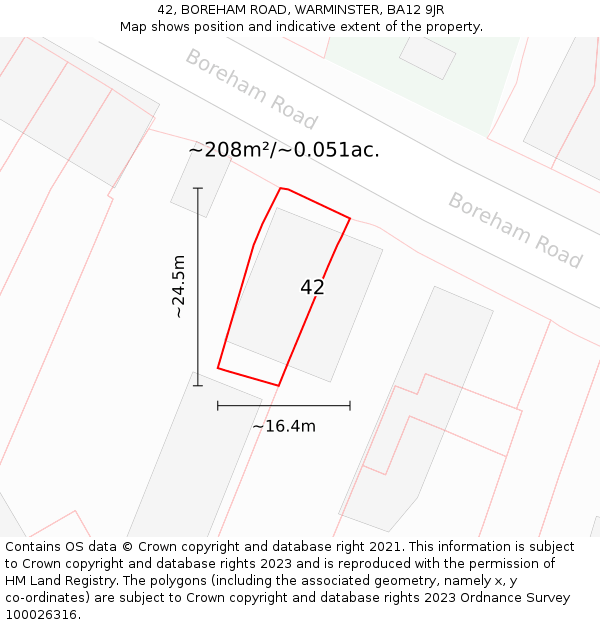 42, BOREHAM ROAD, WARMINSTER, BA12 9JR: Plot and title map