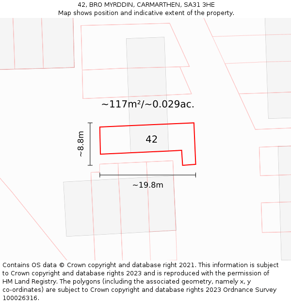 42, BRO MYRDDIN, CARMARTHEN, SA31 3HE: Plot and title map