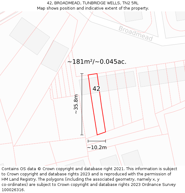 42, BROADMEAD, TUNBRIDGE WELLS, TN2 5RL: Plot and title map