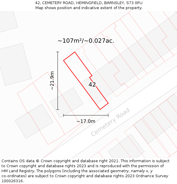 42, CEMETERY ROAD, HEMINGFIELD, BARNSLEY, S73 0PU: Plot and title map