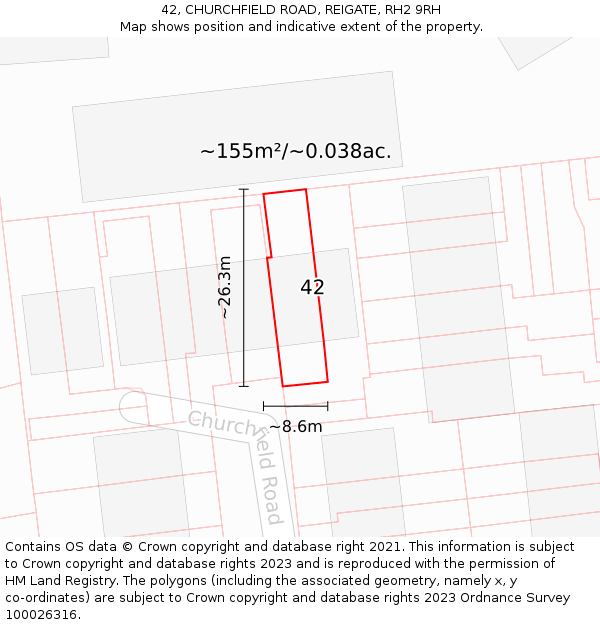 42, CHURCHFIELD ROAD, REIGATE, RH2 9RH: Plot and title map