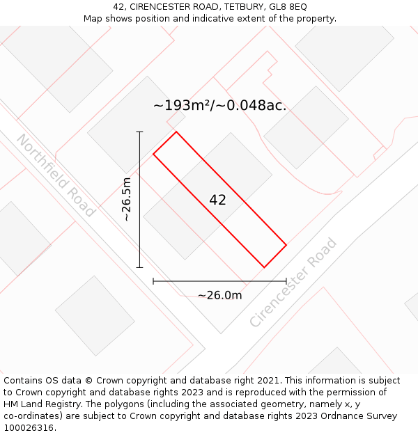 42, CIRENCESTER ROAD, TETBURY, GL8 8EQ: Plot and title map