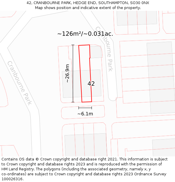 42, CRANBOURNE PARK, HEDGE END, SOUTHAMPTON, SO30 0NX: Plot and title map