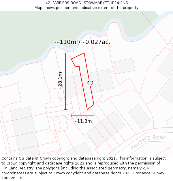 42, FARRIERS ROAD, STOWMARKET, IP14 2NS: Plot and title map