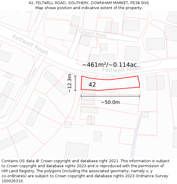 42, FELTWELL ROAD, SOUTHERY, DOWNHAM MARKET, PE38 0NS: Plot and title map