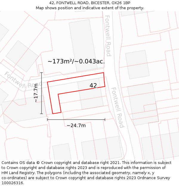 42, FONTWELL ROAD, BICESTER, OX26 1BP: Plot and title map