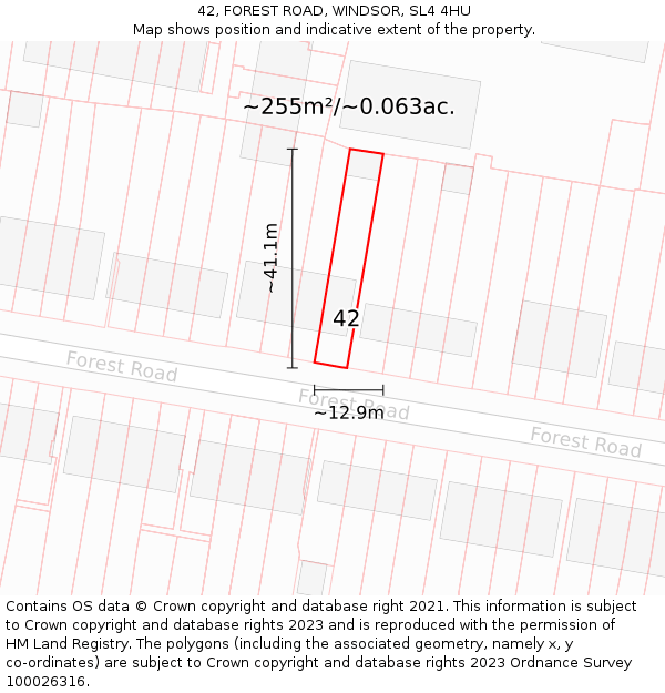 42, FOREST ROAD, WINDSOR, SL4 4HU: Plot and title map