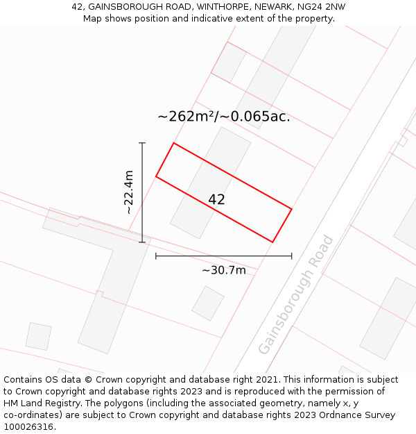 42, GAINSBOROUGH ROAD, WINTHORPE, NEWARK, NG24 2NW: Plot and title map