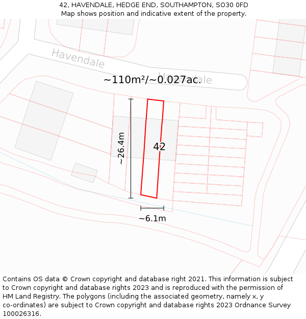 42, HAVENDALE, HEDGE END, SOUTHAMPTON, SO30 0FD: Plot and title map