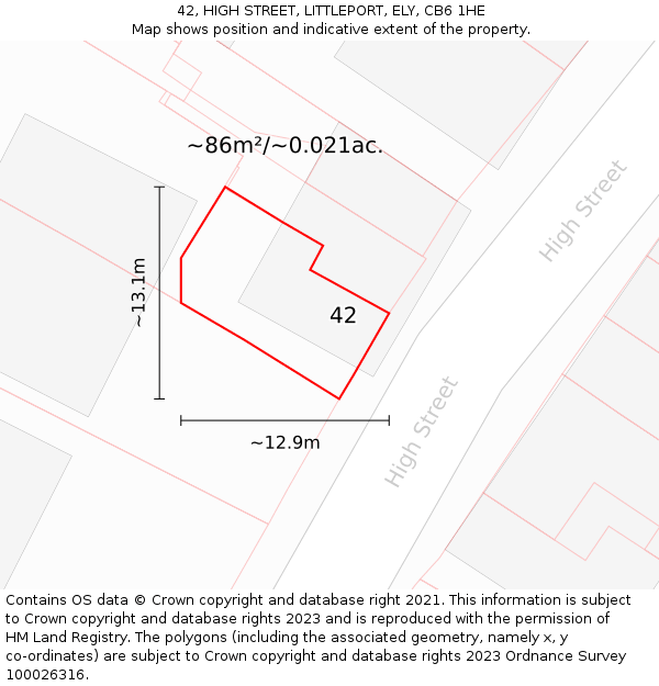 42, HIGH STREET, LITTLEPORT, ELY, CB6 1HE: Plot and title map