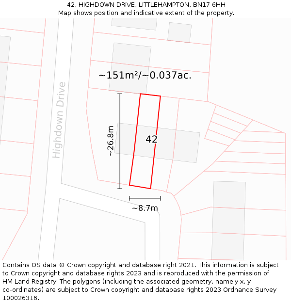 42, HIGHDOWN DRIVE, LITTLEHAMPTON, BN17 6HH: Plot and title map