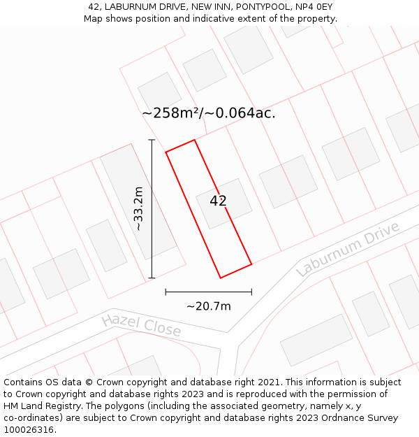 42, LABURNUM DRIVE, NEW INN, PONTYPOOL, NP4 0EY: Plot and title map