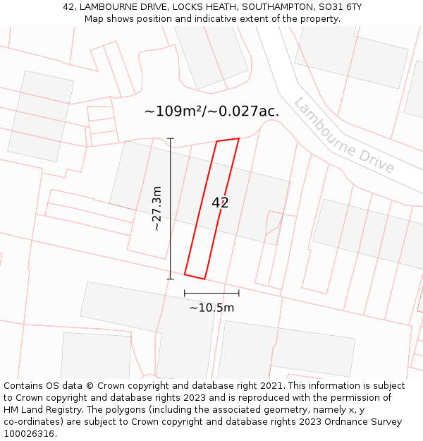 42, LAMBOURNE DRIVE, LOCKS HEATH, SOUTHAMPTON, SO31 6TY: Plot and title map
