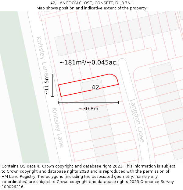 42, LANGDON CLOSE, CONSETT, DH8 7NH: Plot and title map