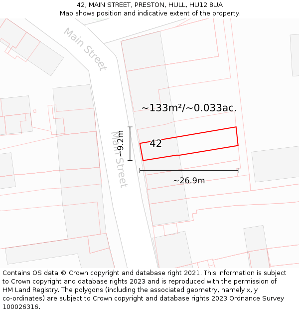 42, MAIN STREET, PRESTON, HULL, HU12 8UA: Plot and title map