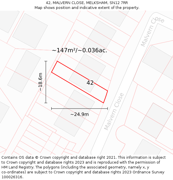 42, MALVERN CLOSE, MELKSHAM, SN12 7RR: Plot and title map