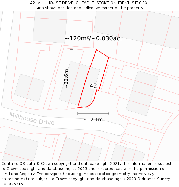 42, MILL HOUSE DRIVE, CHEADLE, STOKE-ON-TRENT, ST10 1XL: Plot and title map