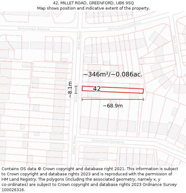 42, MILLET ROAD, GREENFORD, UB6 9SQ: Plot and title map
