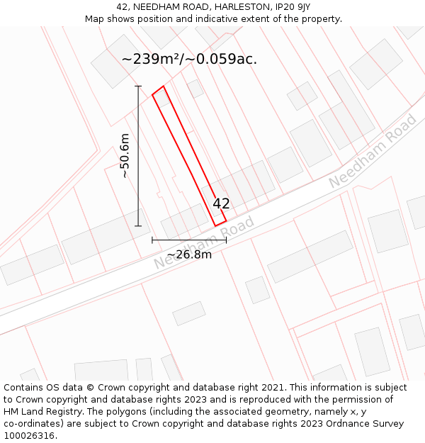 42, NEEDHAM ROAD, HARLESTON, IP20 9JY: Plot and title map