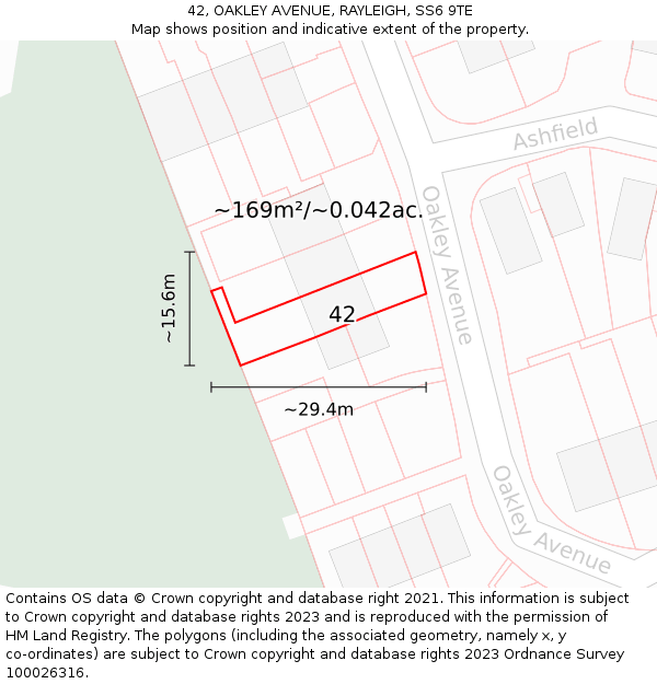 42, OAKLEY AVENUE, RAYLEIGH, SS6 9TE: Plot and title map