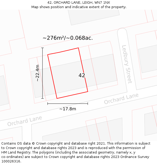 42, ORCHARD LANE, LEIGH, WN7 1NX: Plot and title map