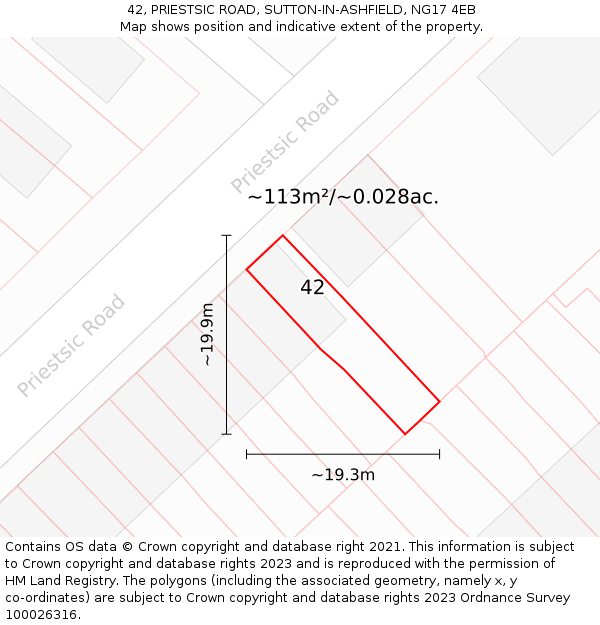 42, PRIESTSIC ROAD, SUTTON-IN-ASHFIELD, NG17 4EB: Plot and title map