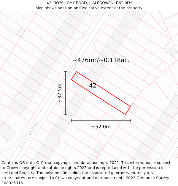42, ROYAL OAK ROAD, HALESOWEN, B62 0DY: Plot and title map