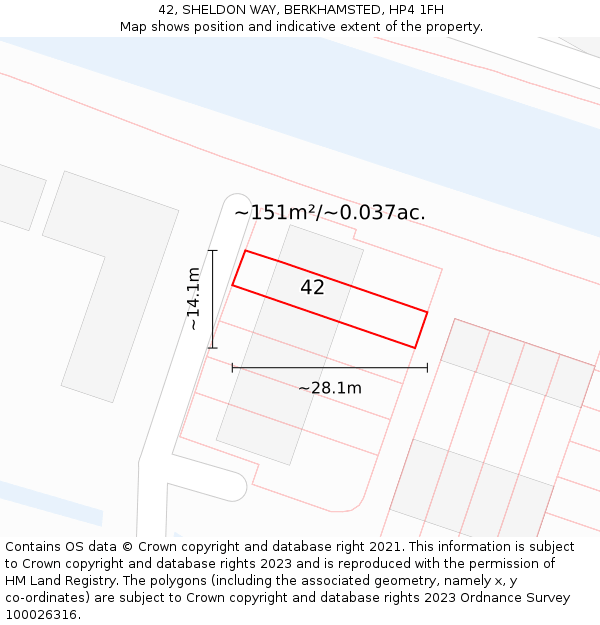 42, SHELDON WAY, BERKHAMSTED, HP4 1FH: Plot and title map