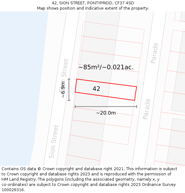 42, SION STREET, PONTYPRIDD, CF37 4SD: Plot and title map