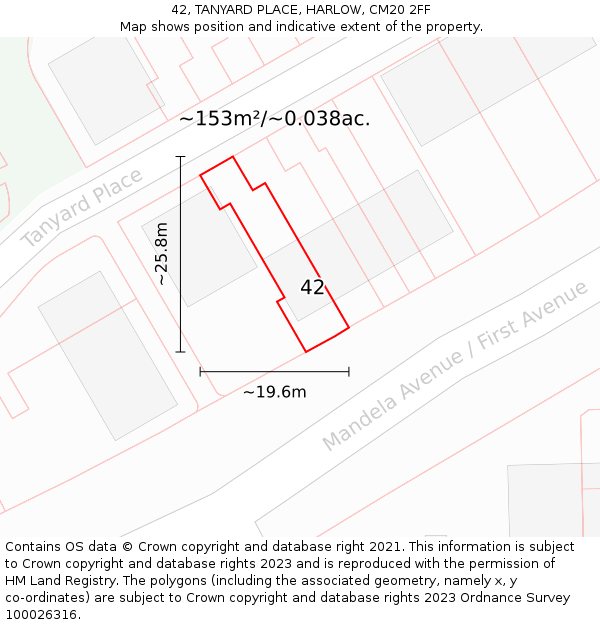 42, TANYARD PLACE, HARLOW, CM20 2FF: Plot and title map
