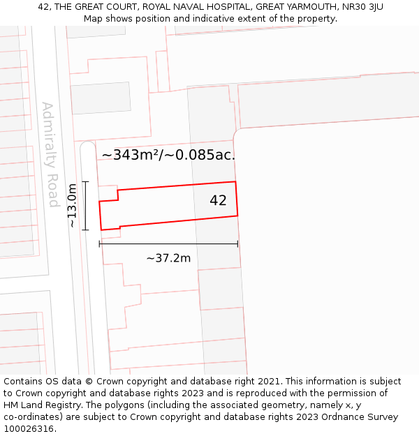 42, THE GREAT COURT, ROYAL NAVAL HOSPITAL, GREAT YARMOUTH, NR30 3JU: Plot and title map