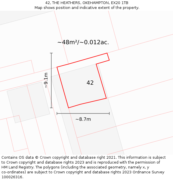 42, THE HEATHERS, OKEHAMPTON, EX20 1TB: Plot and title map